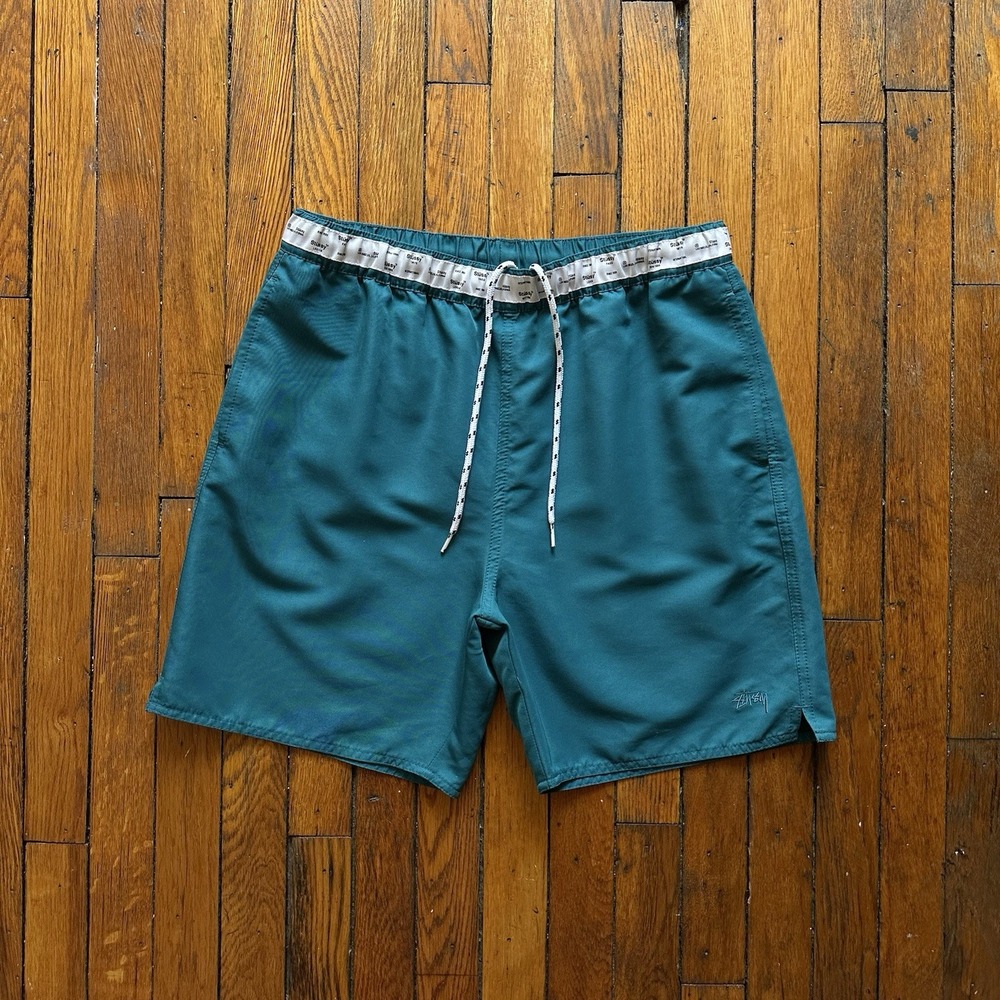 Stussy Stock Water Shorts Trunks Men Medium Teal Blue Mesh Pockets Surfing Beach